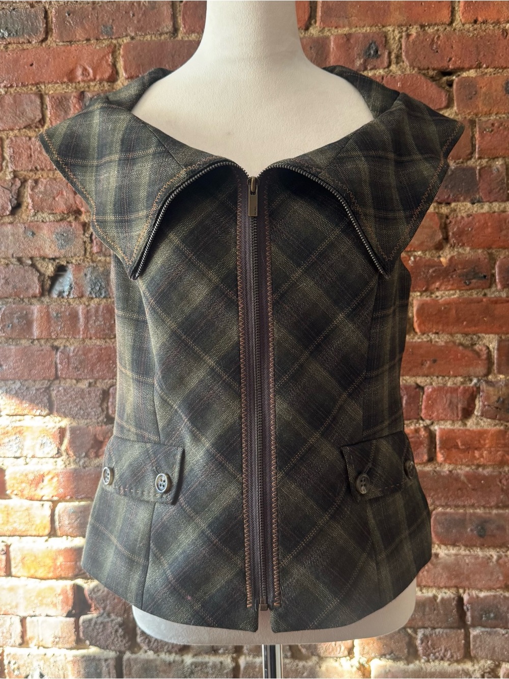 BCBG Plaid Zip-Front Sleeveless Jacket in Olive